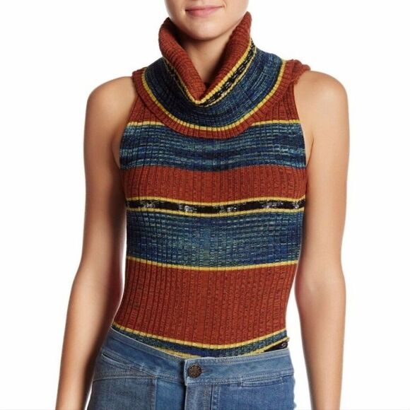 Free People Carly Striped Cowl Neck Sleeveless Sweater Top S Boho Hippie 70s - Picture 1 of 14